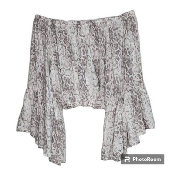 Olivaceous Snakeskin Print Top Wide Flowy Flare Sleeves Boho Sz Small - Picture 2 of 3